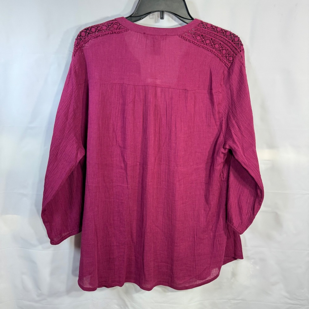 Preswick & Moore Women 1X Burgundy Cotton Gauze Embroidered Lace Button Top NWT - Picture 8 of 10